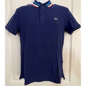Lacoste Slim Fit Polo Shirt Navy Blue Striped Collar Short Sleeve Cotton Men's M